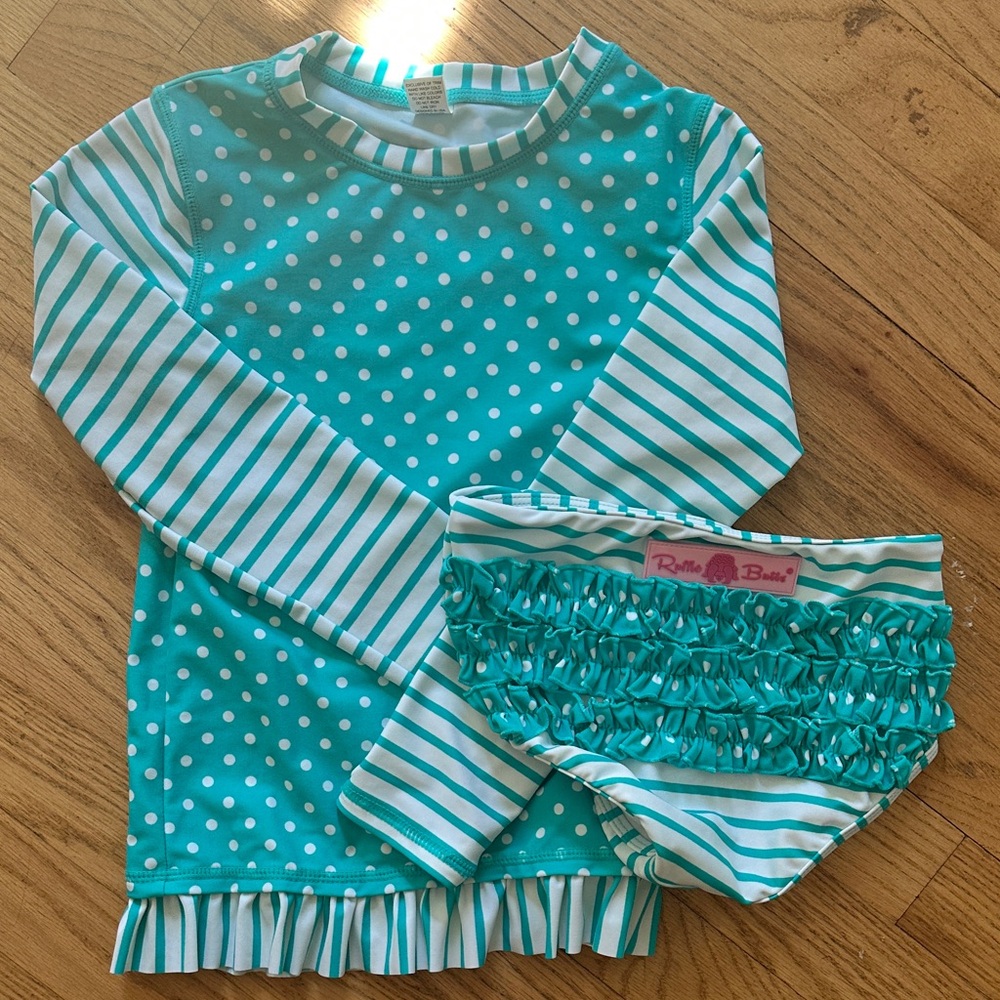 Ruffle Butts Aqua Polka Dot and Stripe Rashguard Set